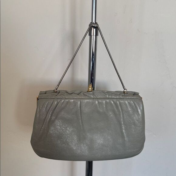 VINTAGE ETRA Elegant Gray Genuine Leather Handbag Clutch Gold/Silver Hardware - Picture 2 of 13